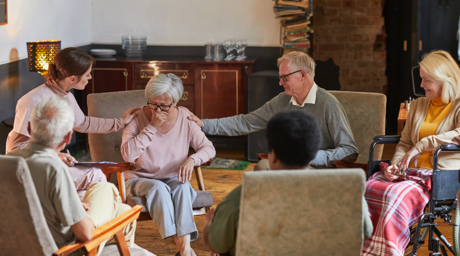 An emotional elderly woman crying during a senior support group session while a counselor and a fellow resident place comforting hands on her shoulders.