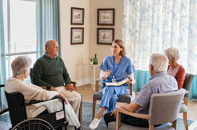 A Golden Rule Hospice nurse in blue scrubs reviewing care plan notes with a patient and family during a hospice consultation circle in Georgia.
